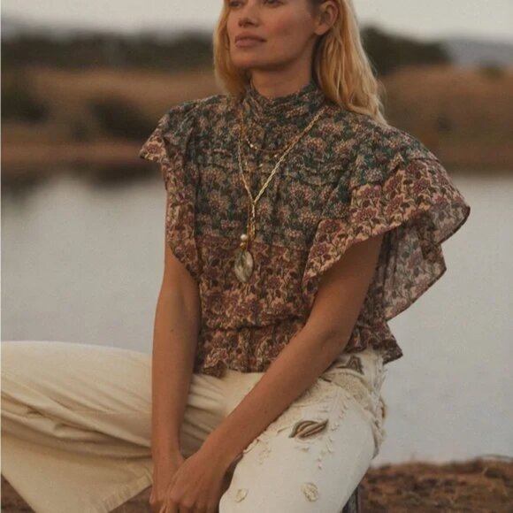 014 Anthropologie Let Me Be High Neck Printed Peasant Blouse NWOT Size XXS - Picture 2 of 14